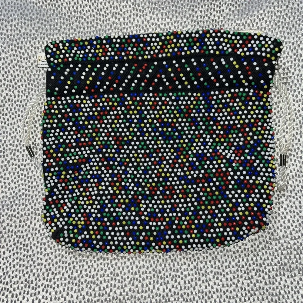 1960's Purse‎ candy dot Vtg reversible Colored beaded white Drawstring eclectic